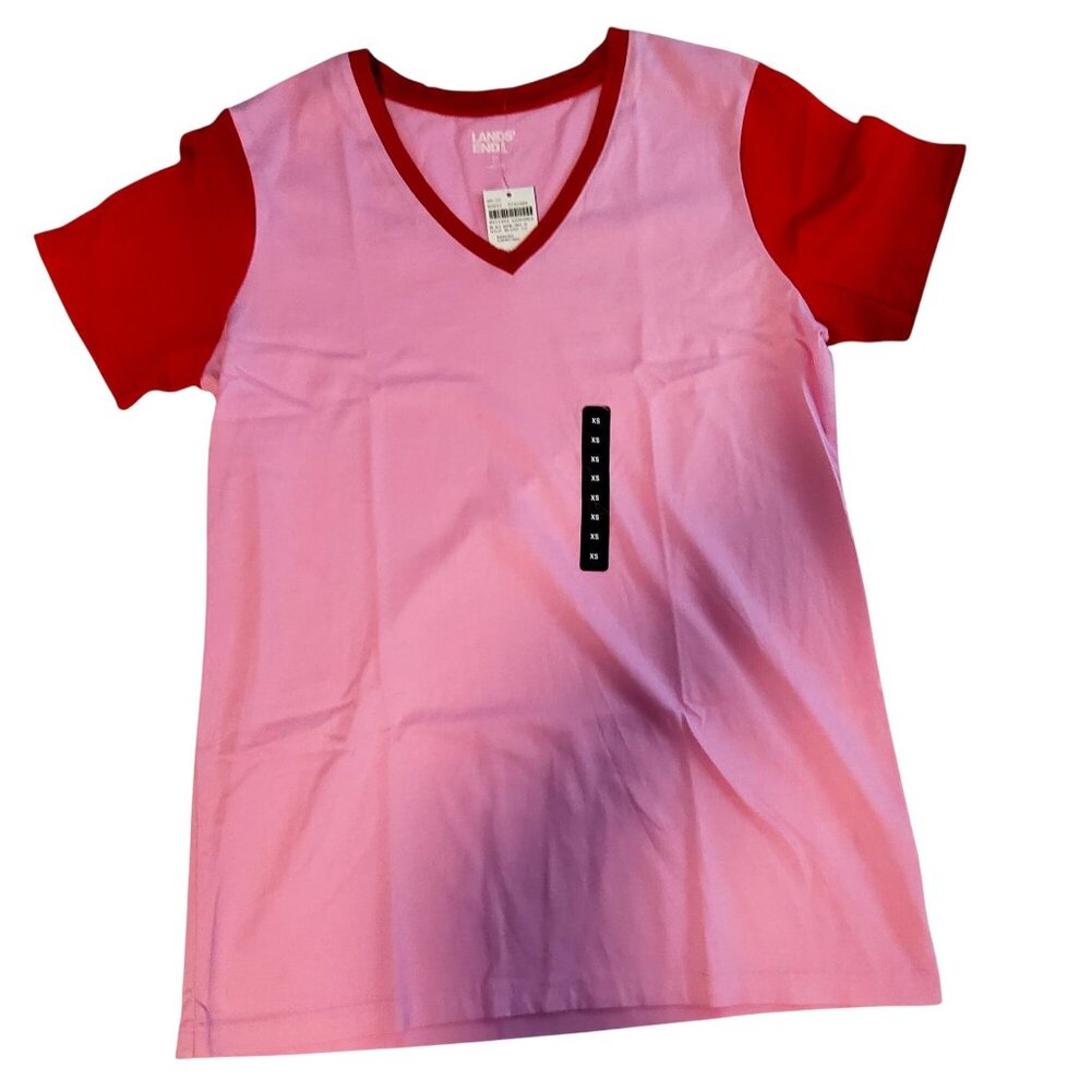 Lands End Womens V-Neck Colorblock T-Shirt Size XS  Pink & Red Cotton